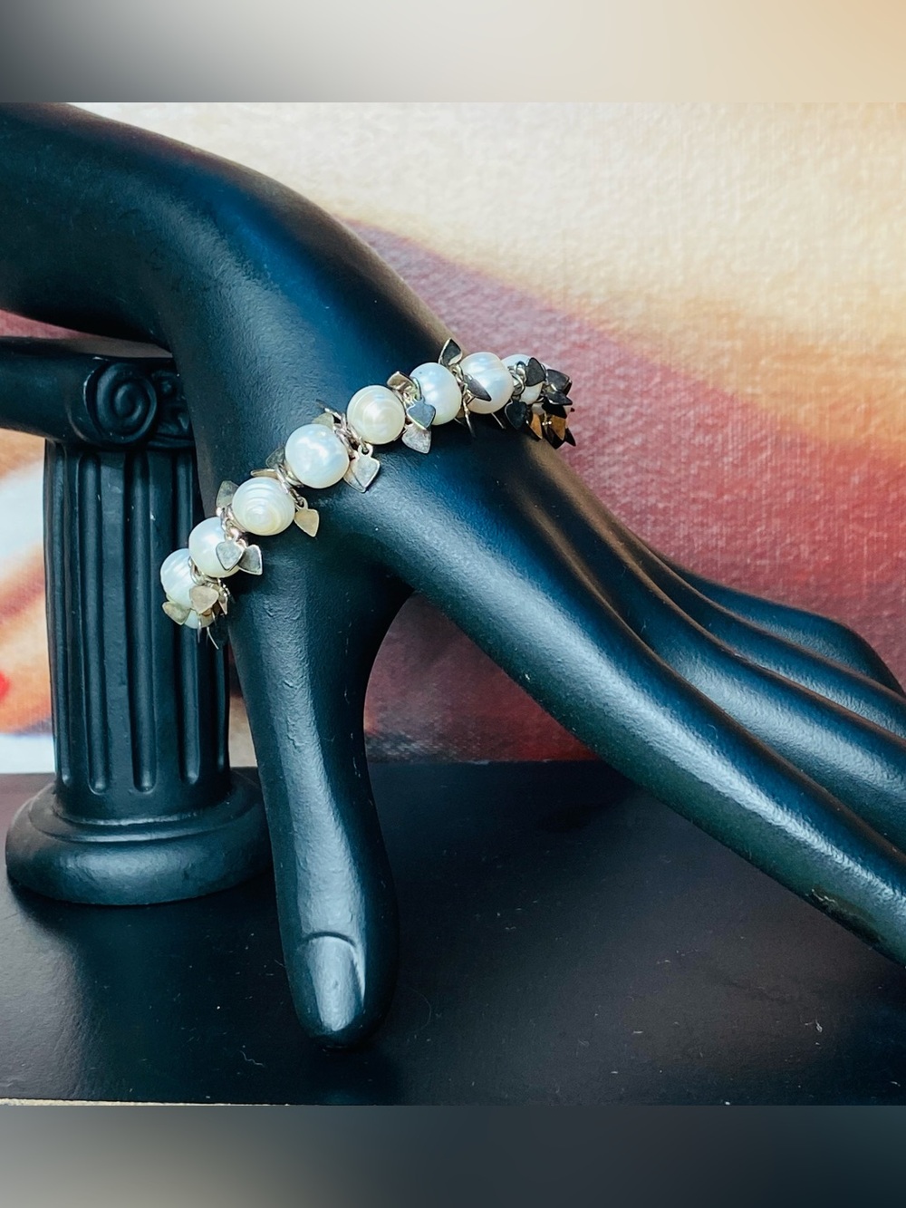 Silver Tone Freshwater Pearls Bracelet Heart Charms Gift